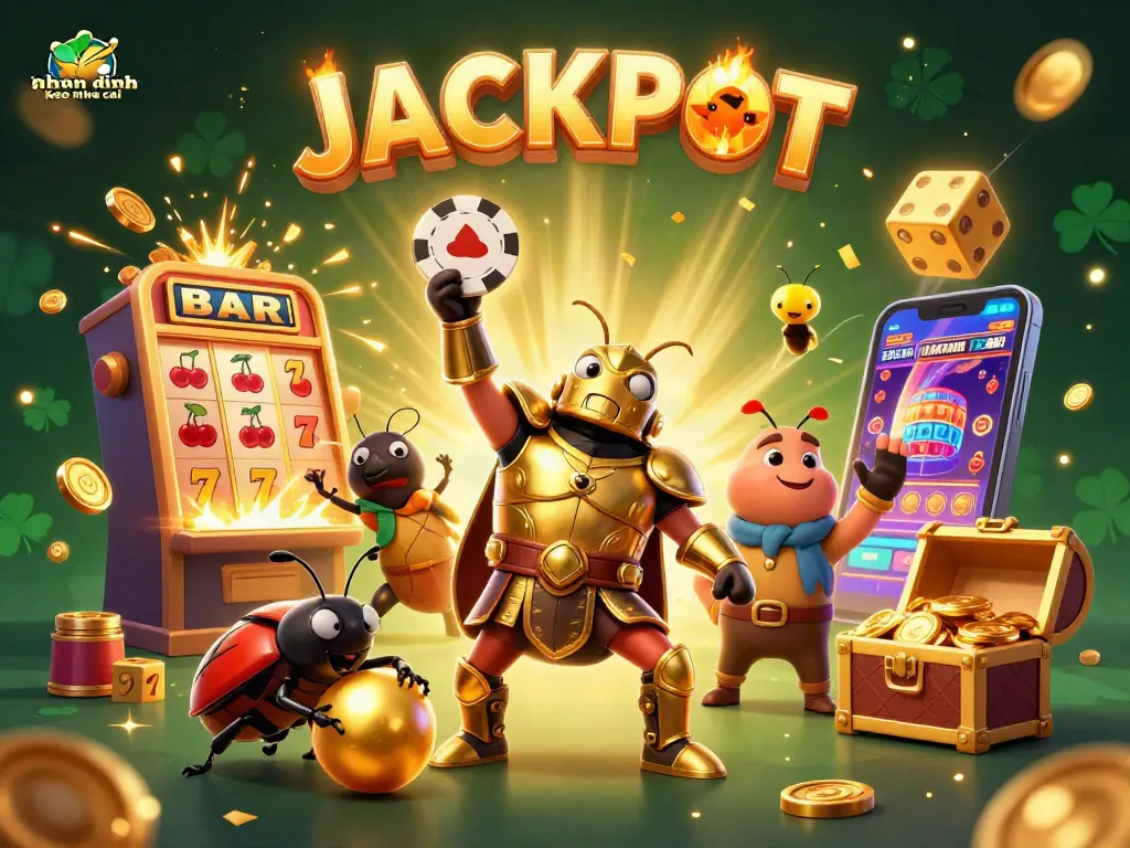 Engaging illustration for nhan dinh keo nha cai featuring a victorious beetle with a poker chip and dynamic casino elements.