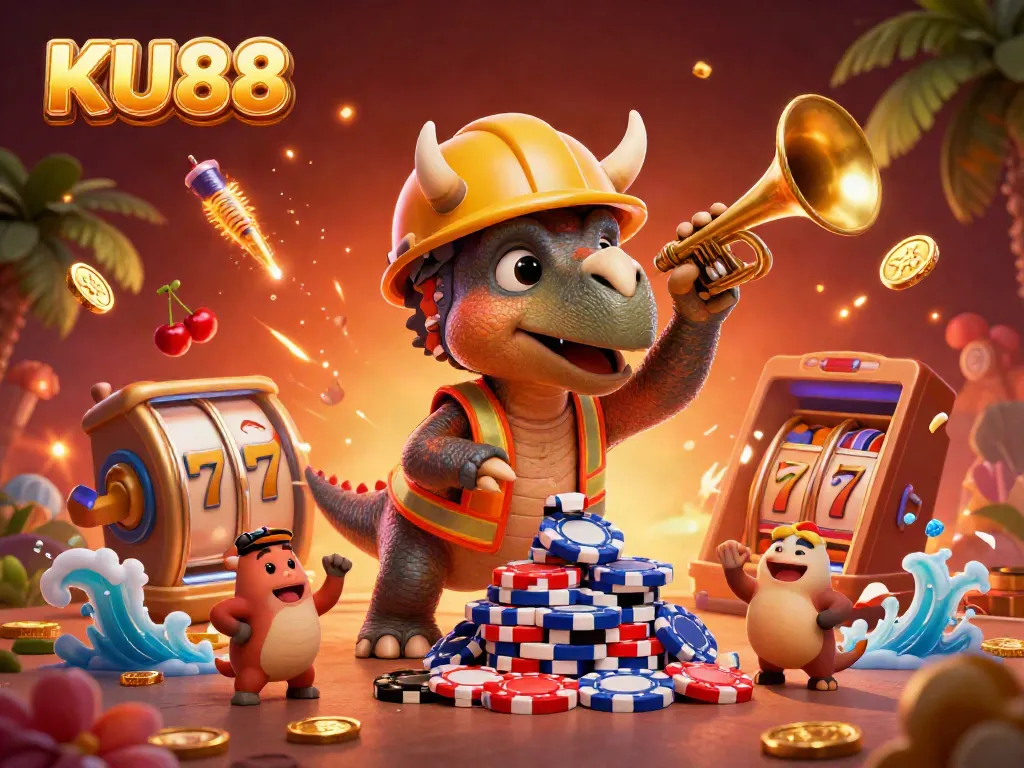 KU88 triceratops celebrating with poker chips, slot reels, and festive casino elements.