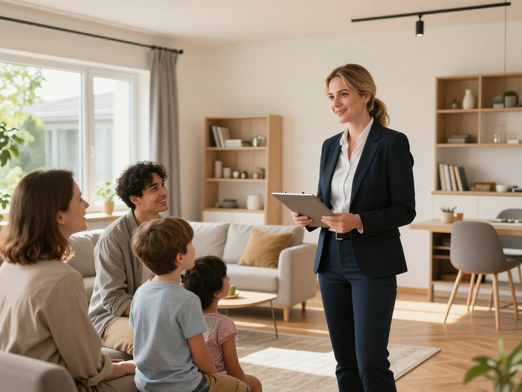 Immobilienmakler Mönchengladbach - Vertrauenswürdiger Anbieter zeigt Familie eine schöne Immobilie in der Umgebung.