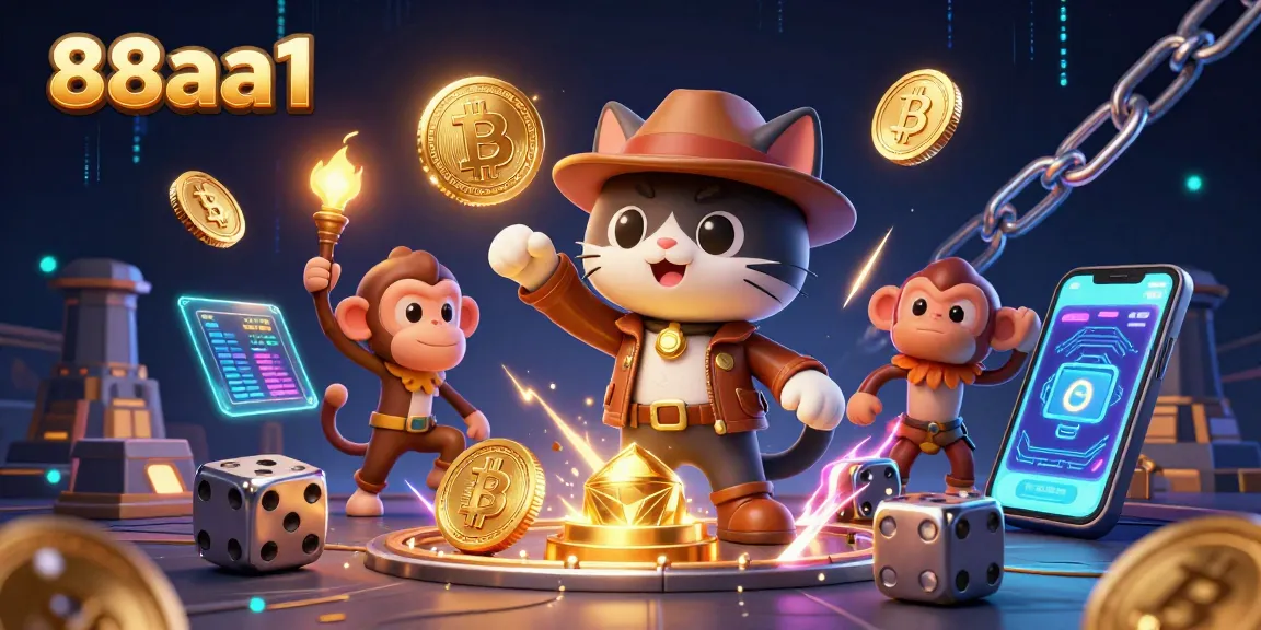 Engage with 88aa1 as a fun-loving cat discovers a golden casino artifact in a vibrant setting.