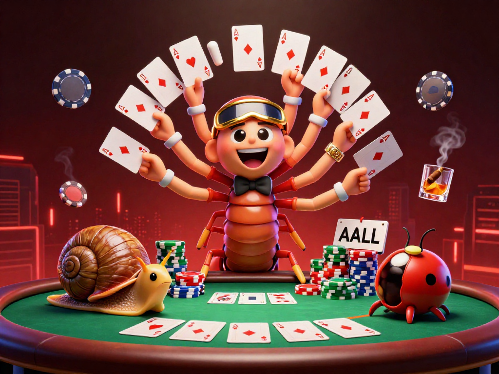 Experience high-energy gameplay at five88 with a cartoon millipede dealer fanning cards at a vibrant poker table.
