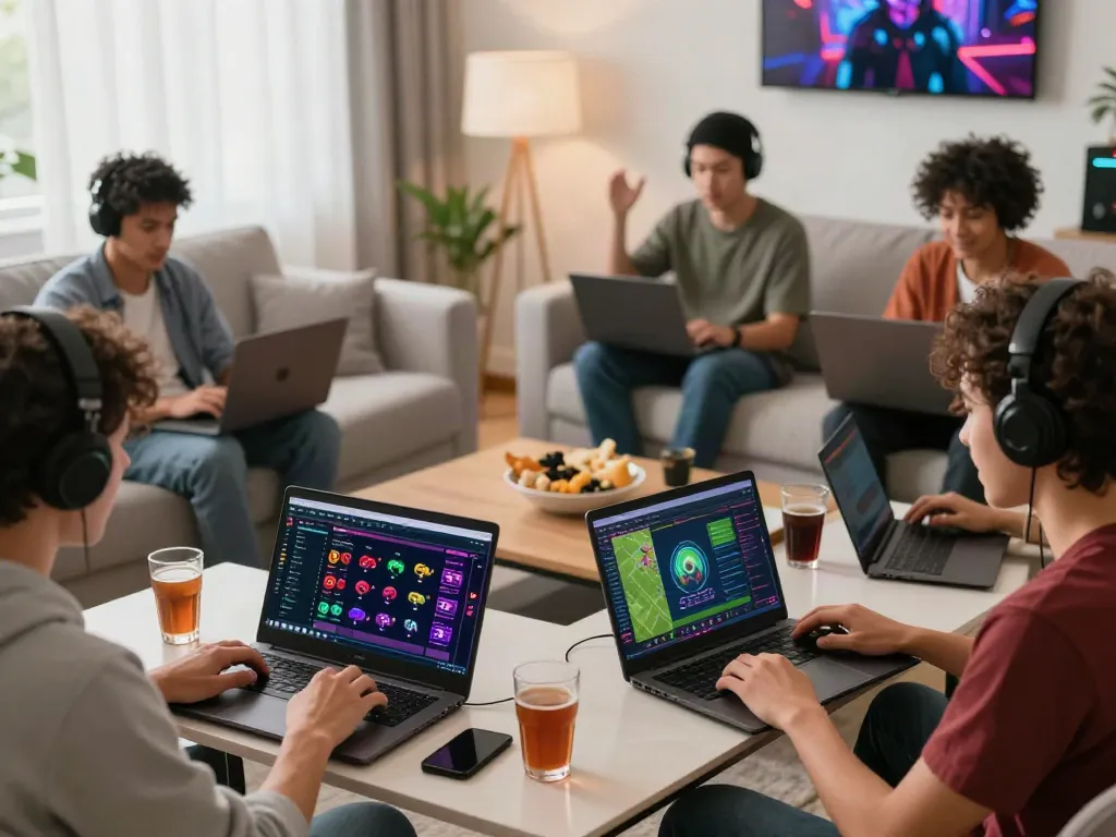Dewacash Asia players engaged in online gaming with vibrant screens and snacks.