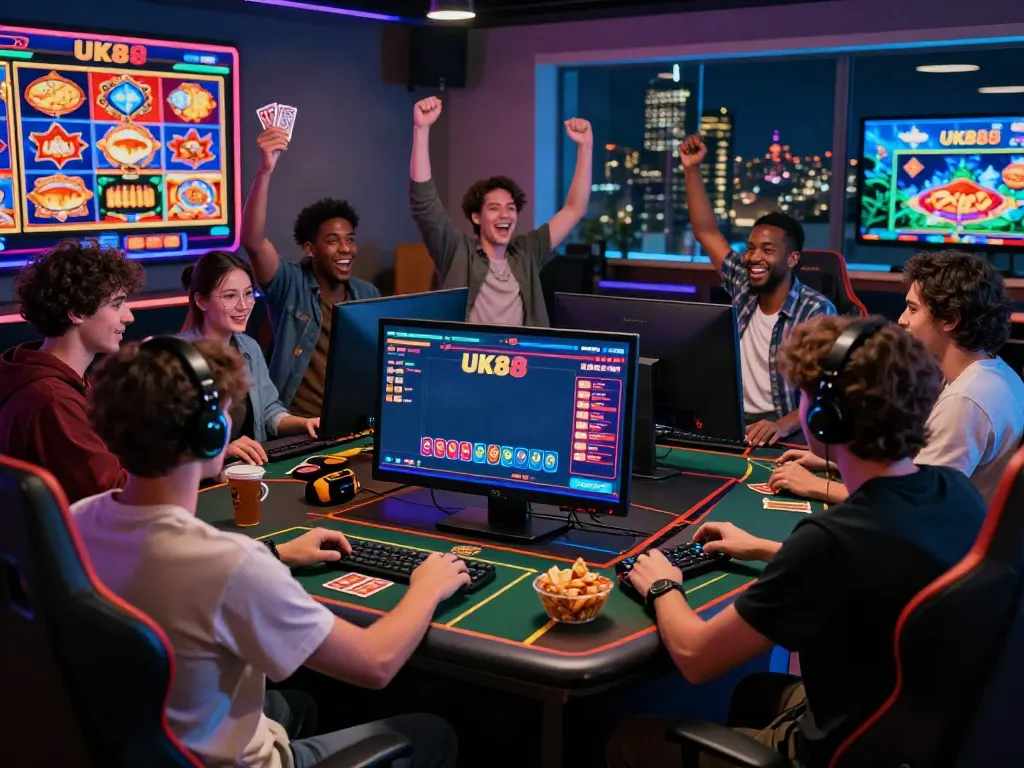 Friends enjoying an exhilarating gaming night at UK88 online casino