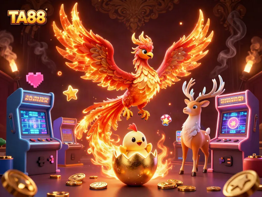 Win big with TA88's vibrant 3D phoenix scene full of casino games and magical elements.