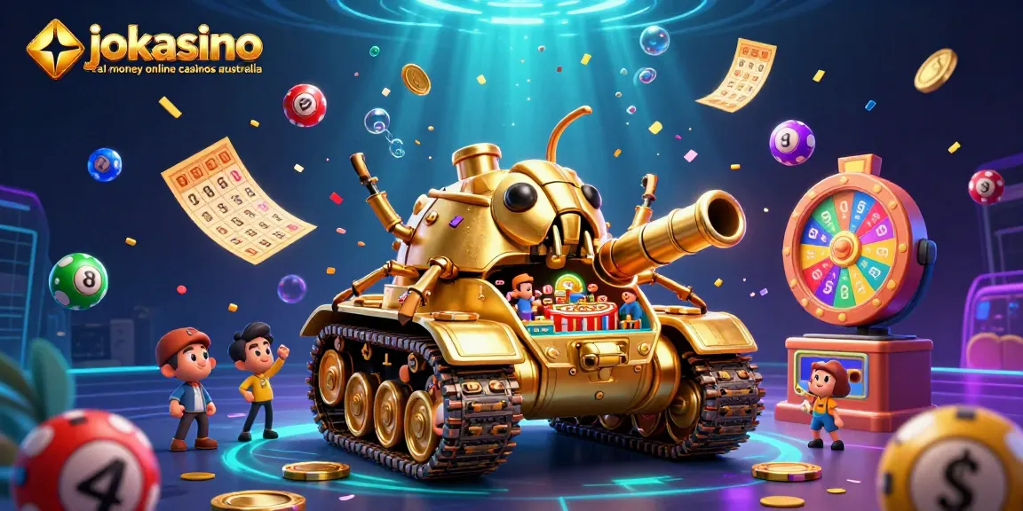 Experience the excitement of jokacasino real money online casinos australia with a vibrant 3D casino illustration featuring lottery elements.