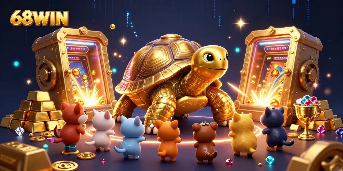 Play captivating games at 68WIN with a colossal tortoise and dazzling treasure in the scene.