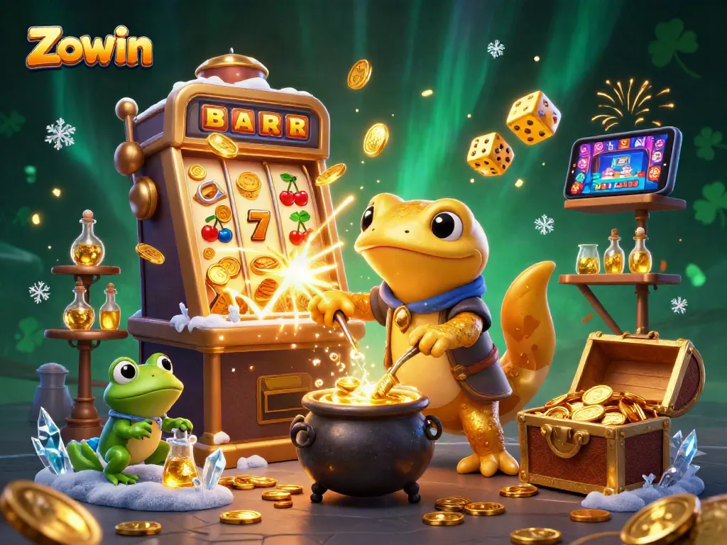 Zowin entices players with a vibrant 3D scene of casino excitement featuring jackpot-winning elements.