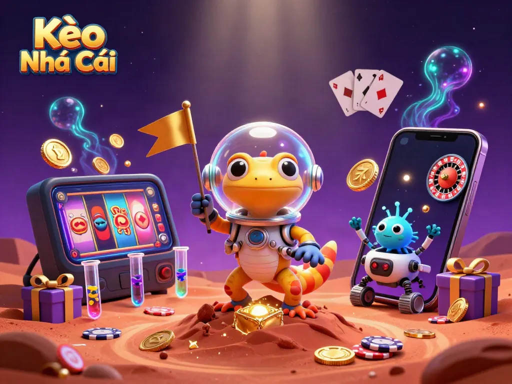 Kèo Nhà Cái scene with a Martian gecko discovering a golden casino, showcasing colorful slot games and casino elements.