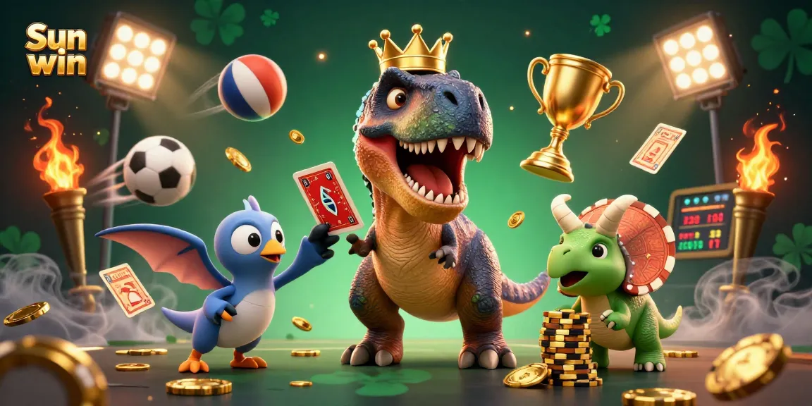 Experience thrilling gameplay with Sun win as a friendly T-Rex attempts card tricks with golden chips stacking around dynamic sports elements.