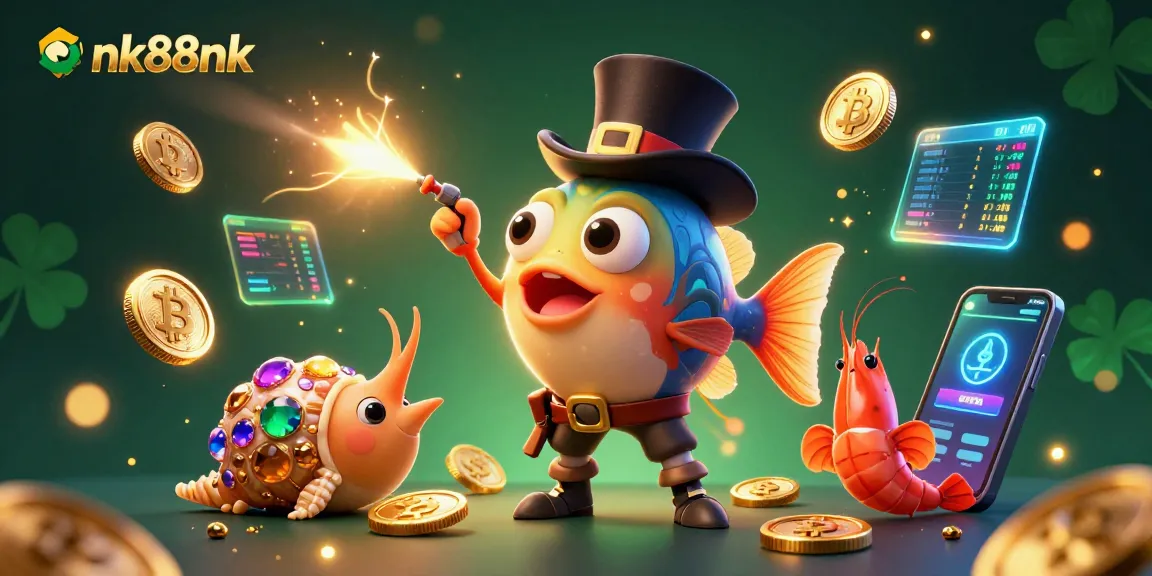 Engage with nk88nk's vibrant gaming world featuring lively sea creatures, treasure, and cryptocurrency elements.