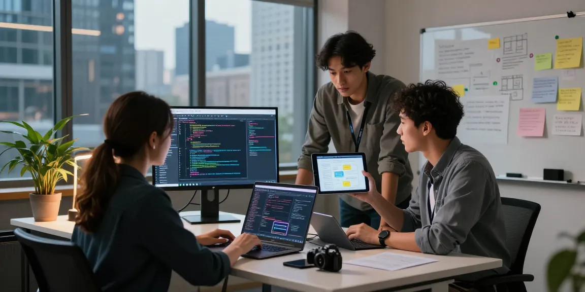 Build internal tools with AI in a collaborative tech workspace, highlighting innovation and teamwork.