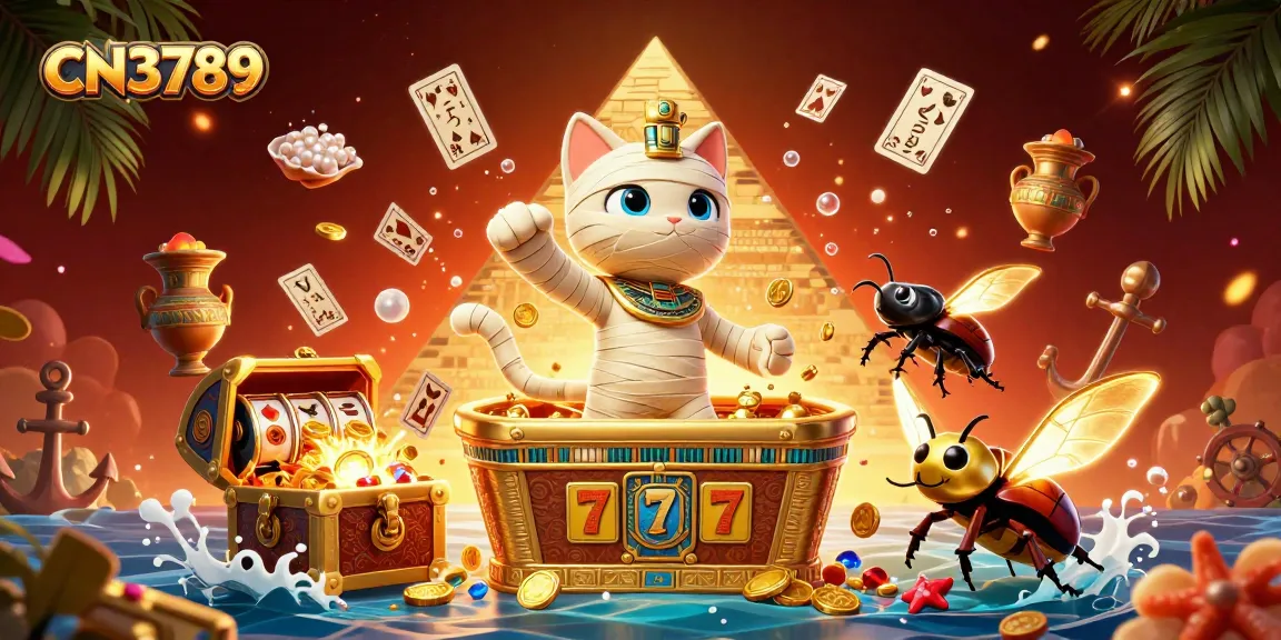 Experience CN3789 with a vibrant scene of an Egyptian mummy cat bursting from a casino sarcophagus, showcasing thrilling slot action.