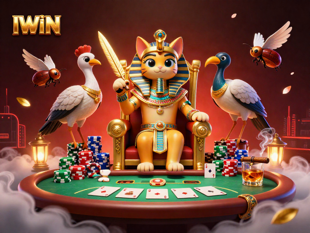 IWIN gaming scene illustrated with a pharaoh cat and scribe, surrounded by poker elements