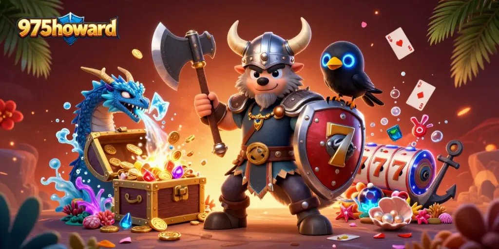 Engage with 975howard in an exhilarating casino scene featuring vibrant characters and slot game elements.