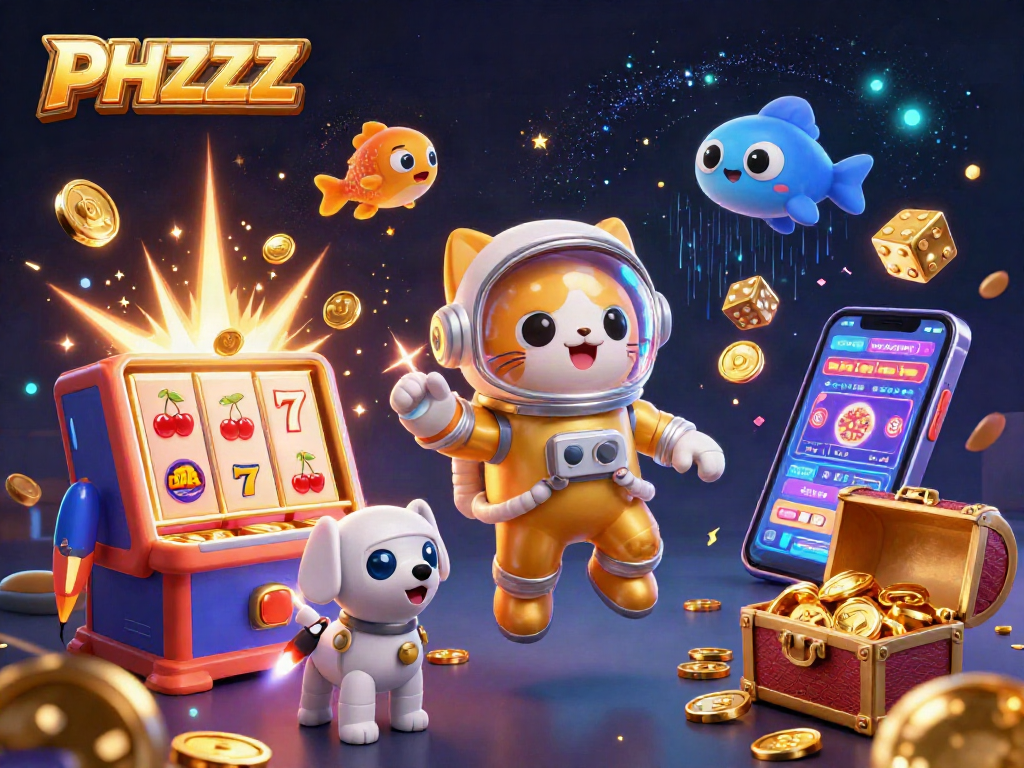 Experience PHZZZ jackpots with a colorful 3D space cat and immersive casino elements.