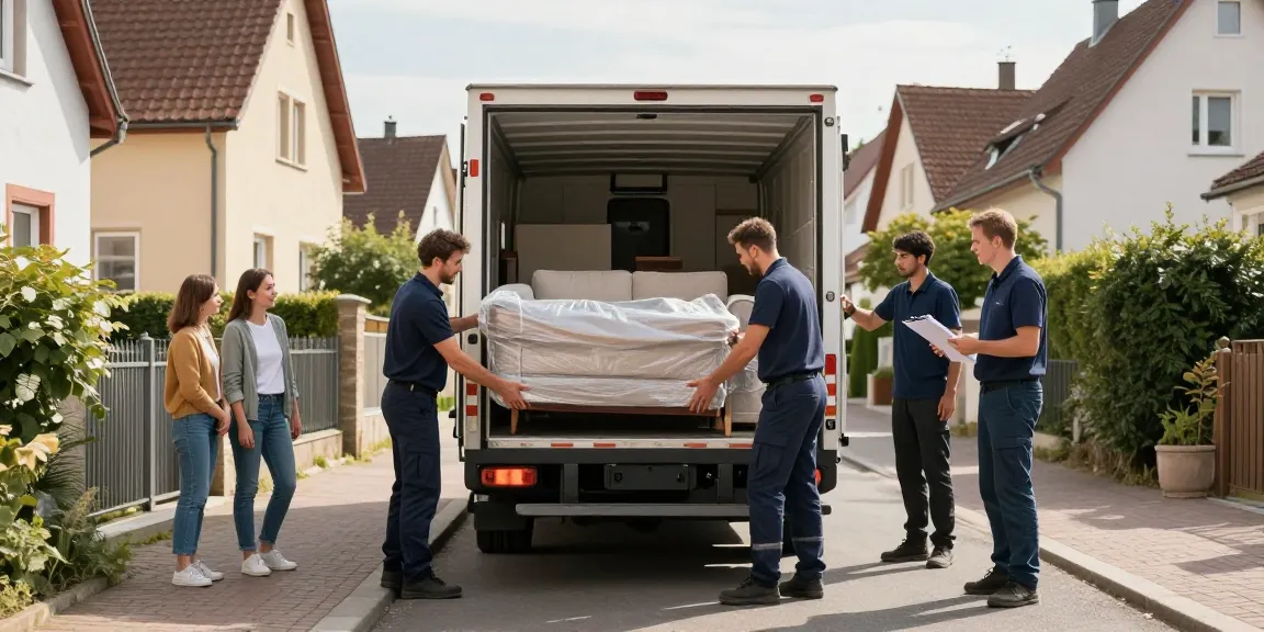 Umzugsunternehmen Schwetzingen: Professionelles Team beim sicheren Beladen eines Umzugswagens in Wohngegend.