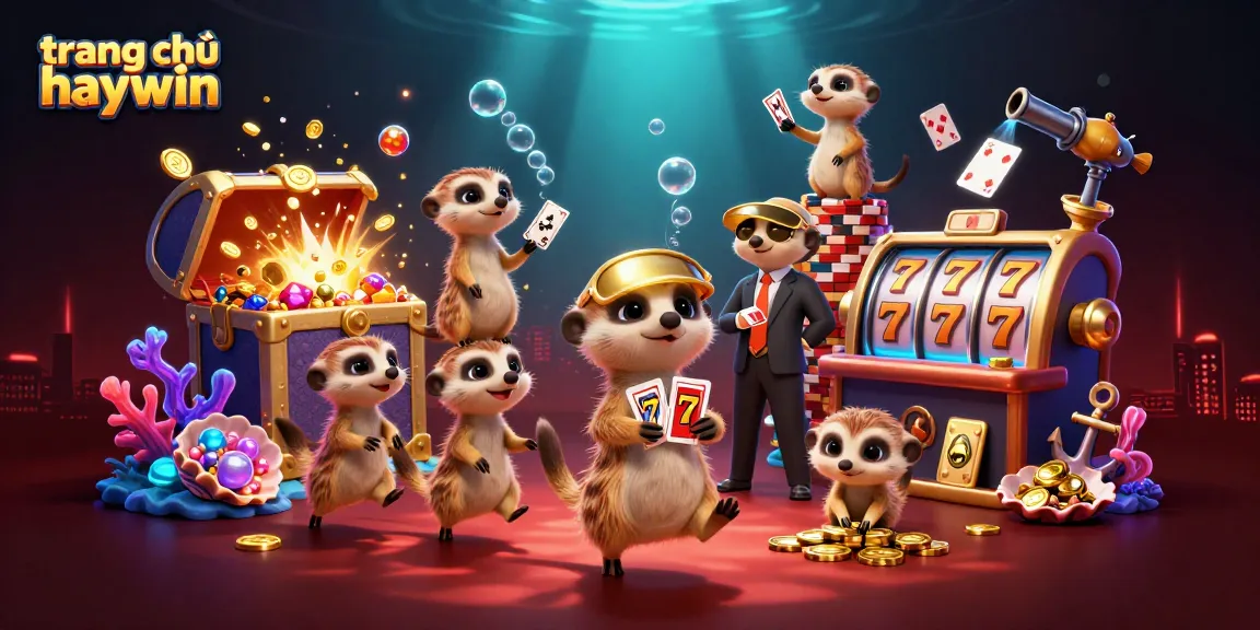 Experience the excitement at trang chủ haywin with lively meerkats operating a colorful casino scene filled with gold coins and slot reels.