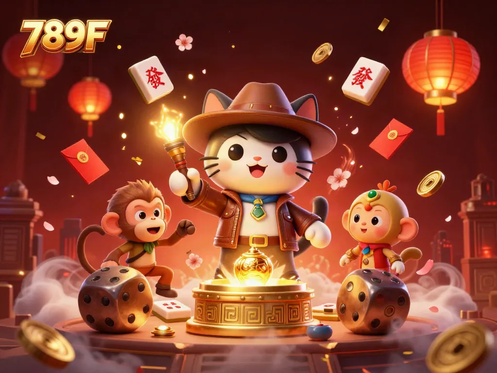 Experience winning moments at 789F with a vibrant 3D illustration of an archaeologist cat discovering treasures.