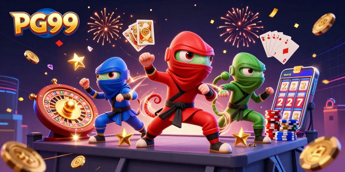 Experience the thrill of gaming at PG99 with colorful characters, golden coins, and casino elements in action.