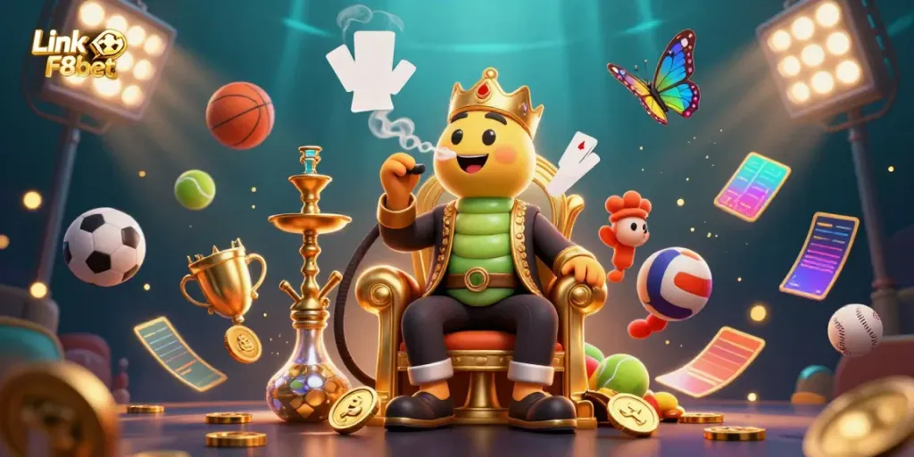 Engage with thrilling sports betting action at Link F8bet, featuring dynamic elements and vibrant casino motifs.