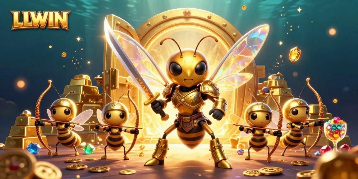 LLWIN showcases an exciting gambling environment with a golden hornet samurai and bee archers amidst treasure.