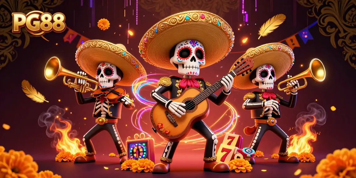 Experience the excitement of PG88 with a vibrant 3D casino scene showcasing mariachis, slot machines, and colorful elements.