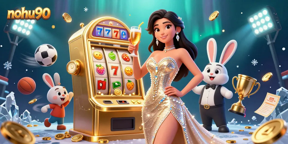 Nohu90's dynamic casino scene showcases a winning woman celebrating beside a jackpot slot machine.