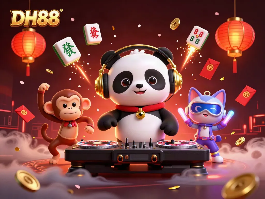 Experience the vibrant excitement of DH88 as playful characters dance amidst casino-themed elements.