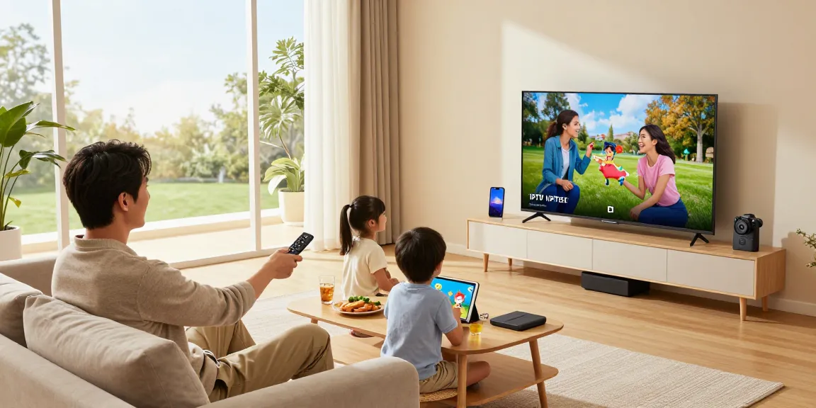 Familie genießt IPTV-Dienste zu Hause, während sie Filme und Serien streamen – iptv kaufen für modernes Fernsehen.