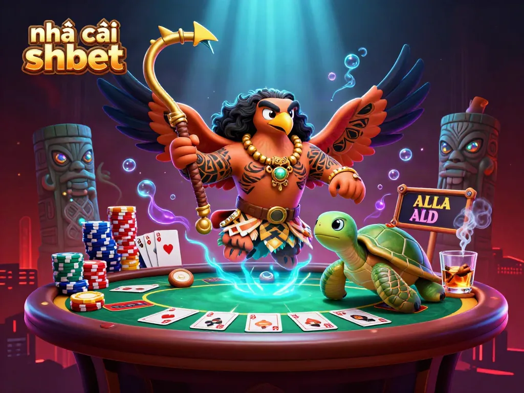 Experience instant action at nhà cái shbet with our vibrant 3D illustration of a poker scene featuring demigod characters.