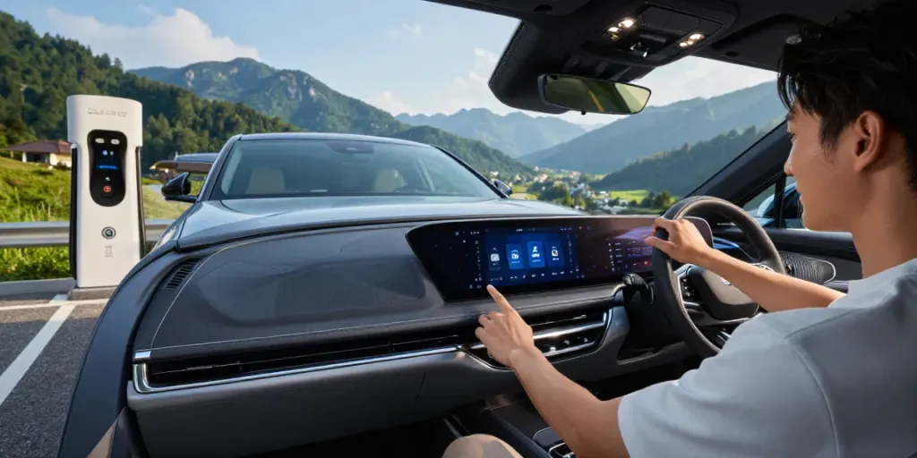 Do the Driving Modes in the Cadillac Lyriq Offer Different Ranges or Battery Usages? Driver interacting with Lyriq's display while enjoying a scenic backdrop.