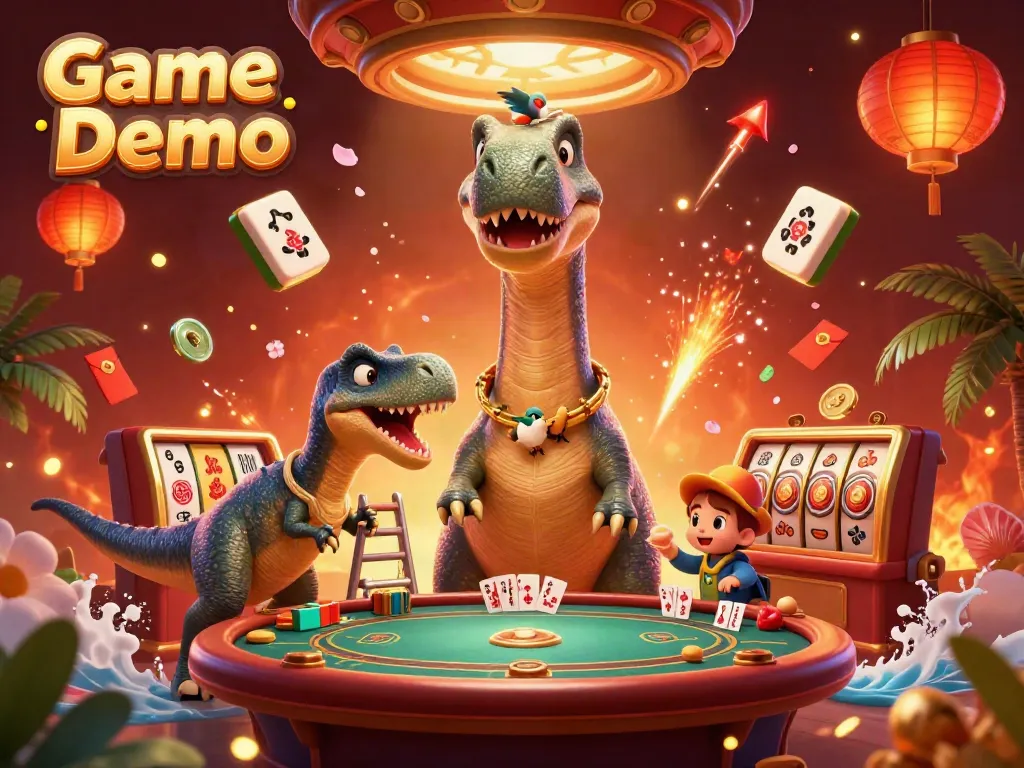 Experience thrilling Game Demo action with a giant brontosaurus and raptor dealer in a vibrant casino scene.