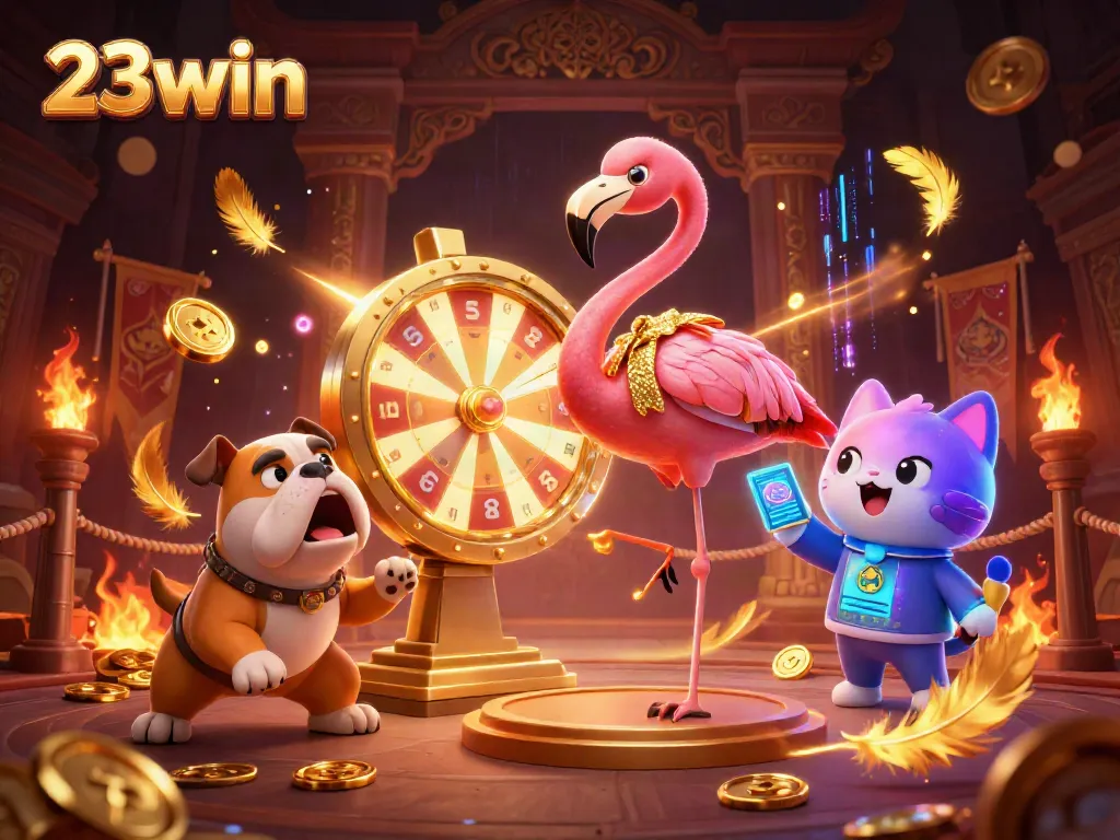 Experience the excitement of 23win with a vibrant casino scene featuring a host, contestant, and scoreboard assistant.