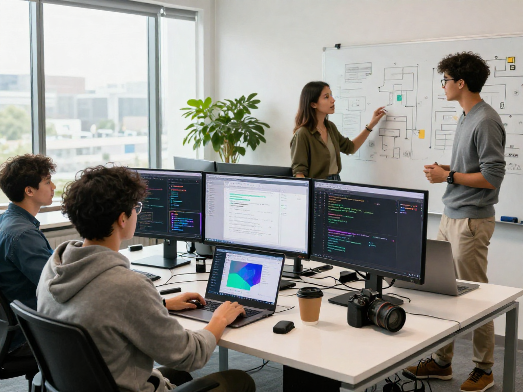 Collaboration scene in a tech office with DEWI111 app mockups, diverse team working innovatively.