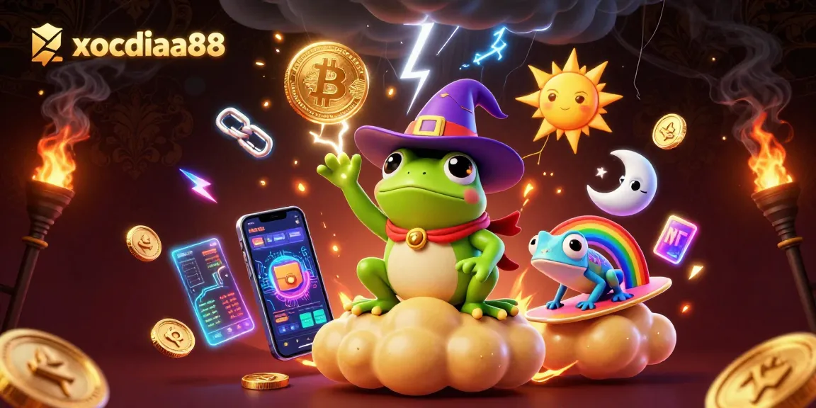 Xocdiaa88 unleashes a golden gaming storm, featuring coins and crypto elements in a vibrant casino scene.