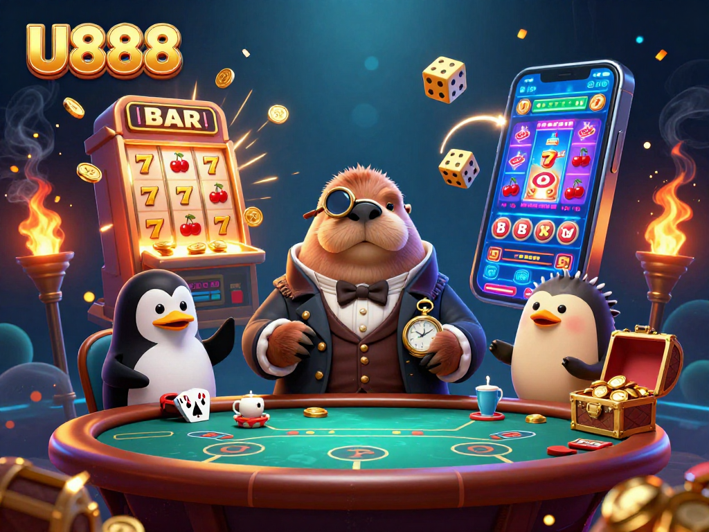Experience U888 gaming with a jolly walrus, penguin dealer, and pufferfish in an exciting underwater casino.