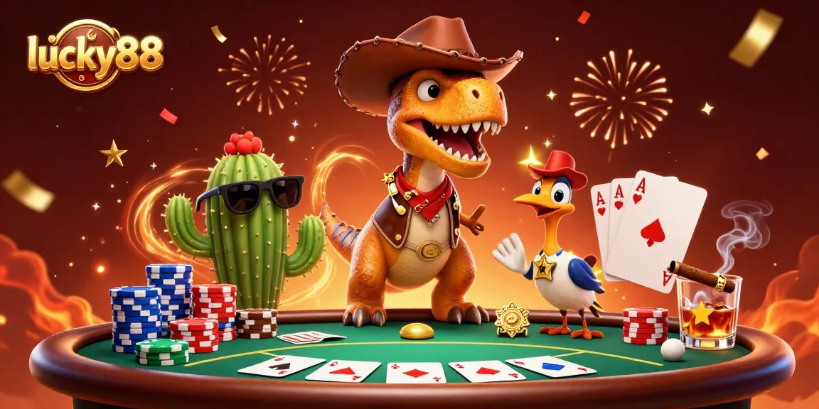 Engage in exciting poker action with lucky88's vibrant 3D dinosaur cowboy scene.