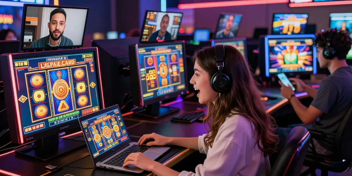 Spieler genießen interaktive Spiele in einem lebhaften Online-Paysafe Card Casino, das ein dynamisches Glücksspielerlebnis veranschaulicht.