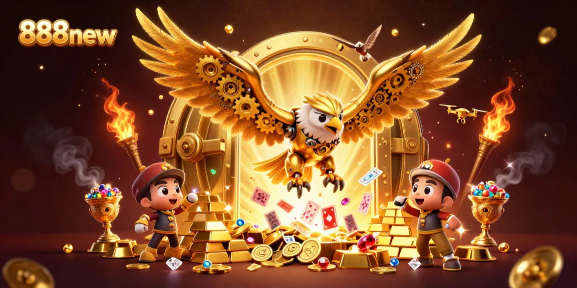 Experience thrills with 888new's vibrant gaming adventure showcasing a golden eagle amidst dynamic casino elements.