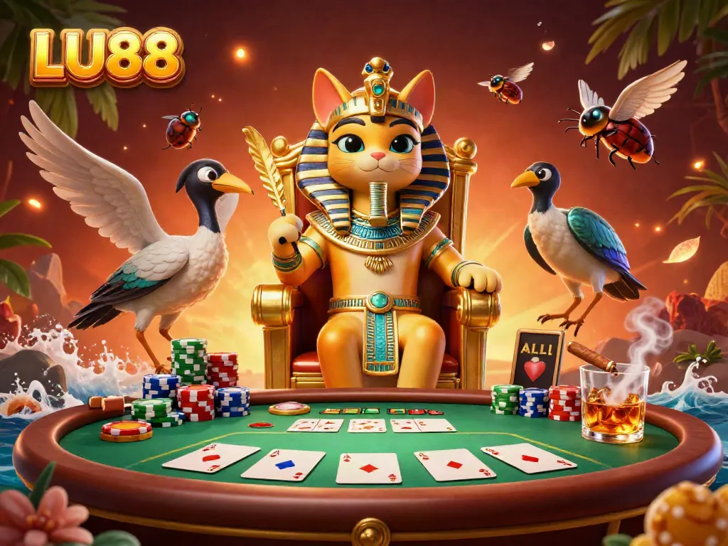 LU88 showcases an energetic casino scene with an Egyptian pharaoh cat amid poker elements.