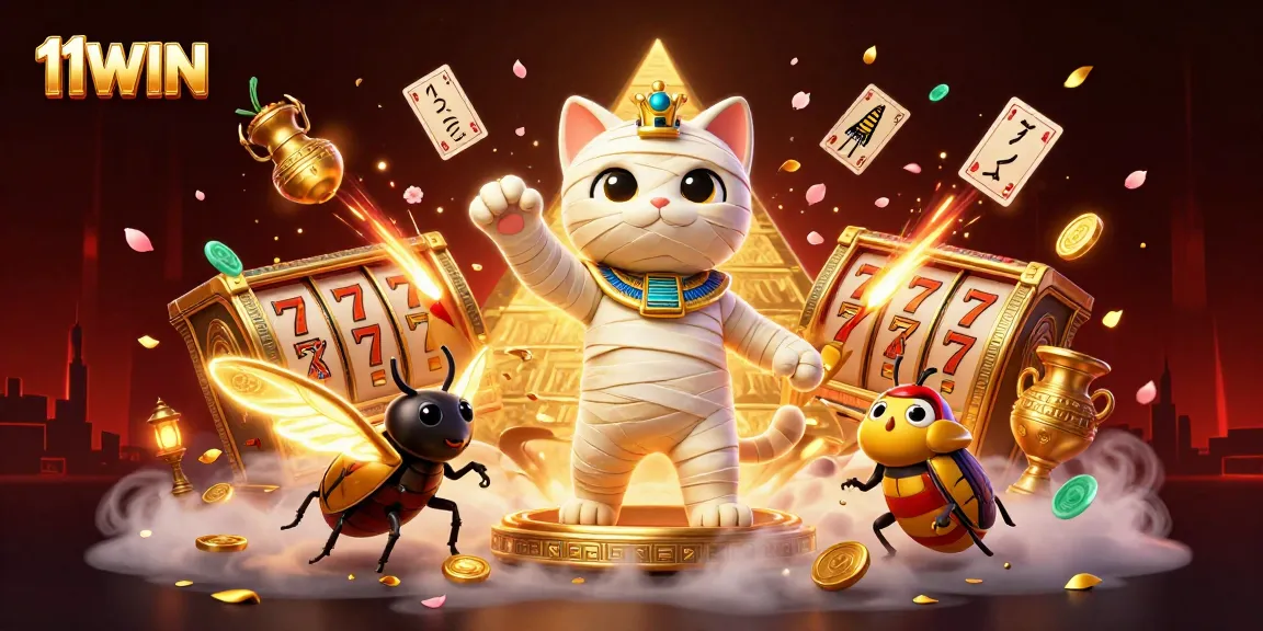 Experience the thrilling atmosphere of 11WIN with a 3D mummy cat and slot reels in a vibrant casino scene.