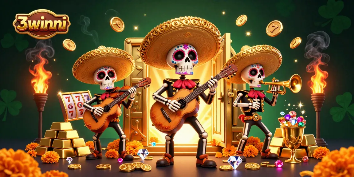 3winni players enjoying colorful slot games amidst vibrant mariachi band and treasure elements.