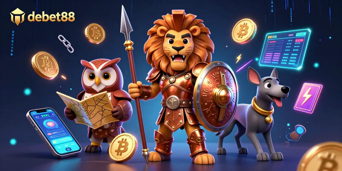 Engage with debet88's thrilling casino experience, featuring a Spartan lion, owl strategist, and greyhound amid crypto elements.