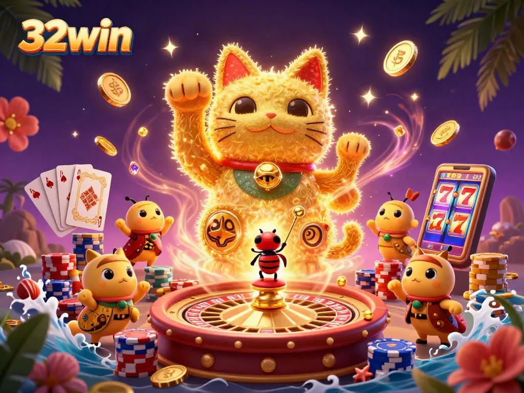 Experience the thrill of 32win's vibrant casino world with golden fireflies and lucky symbols.