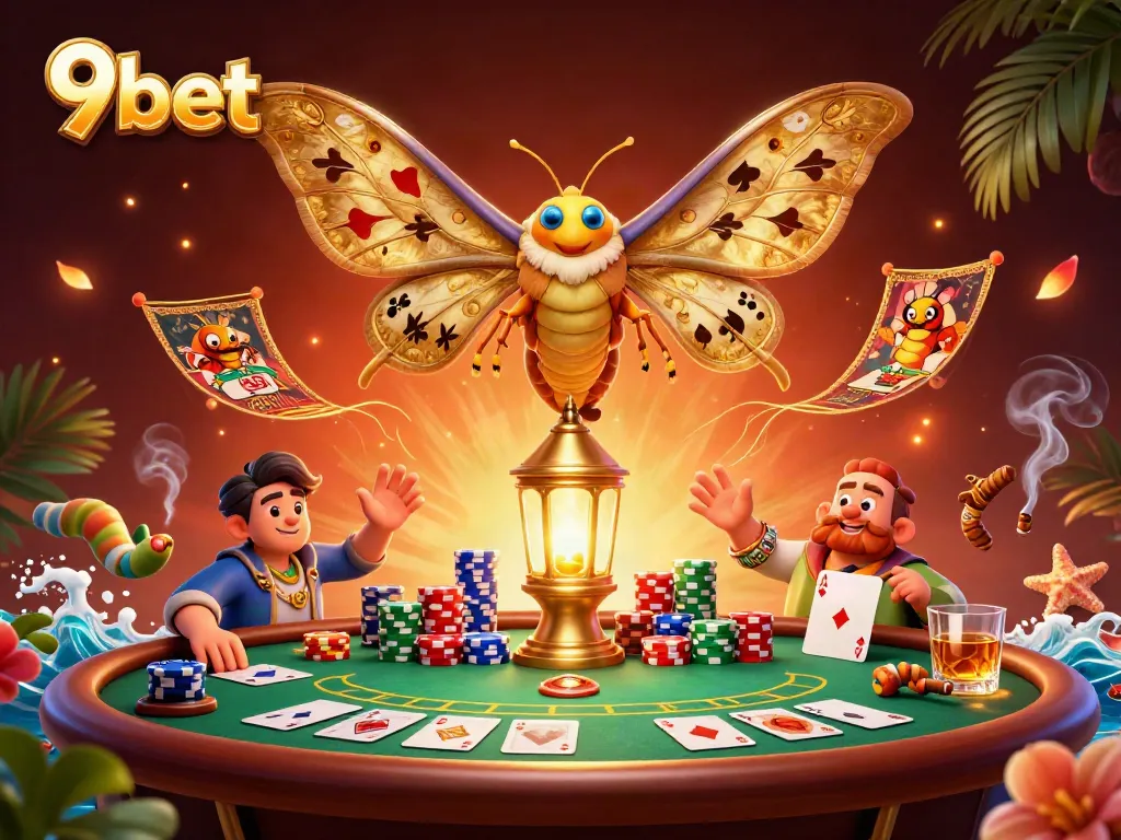 Engage with 9bet's thrilling casino experience featuring a dazzling illustration of golden wings and poker elements.