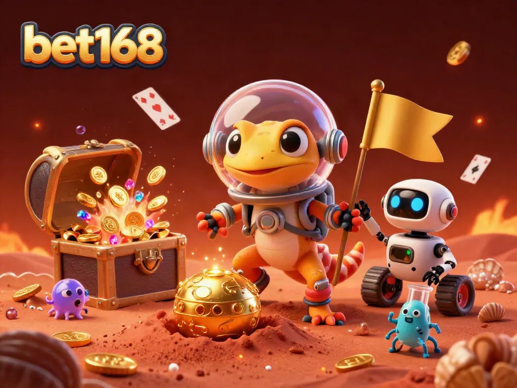 Bet168's Martian gecko explores a golden casino oasis among Martian sands, capturing excitement and luck.