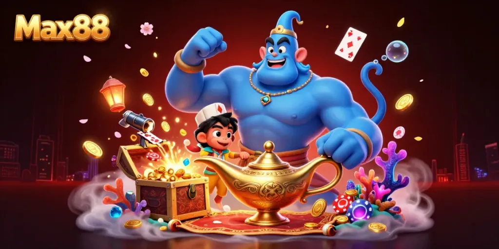 Engage with Max88's vibrant world through a magical genie and poker-themed 3D scene.