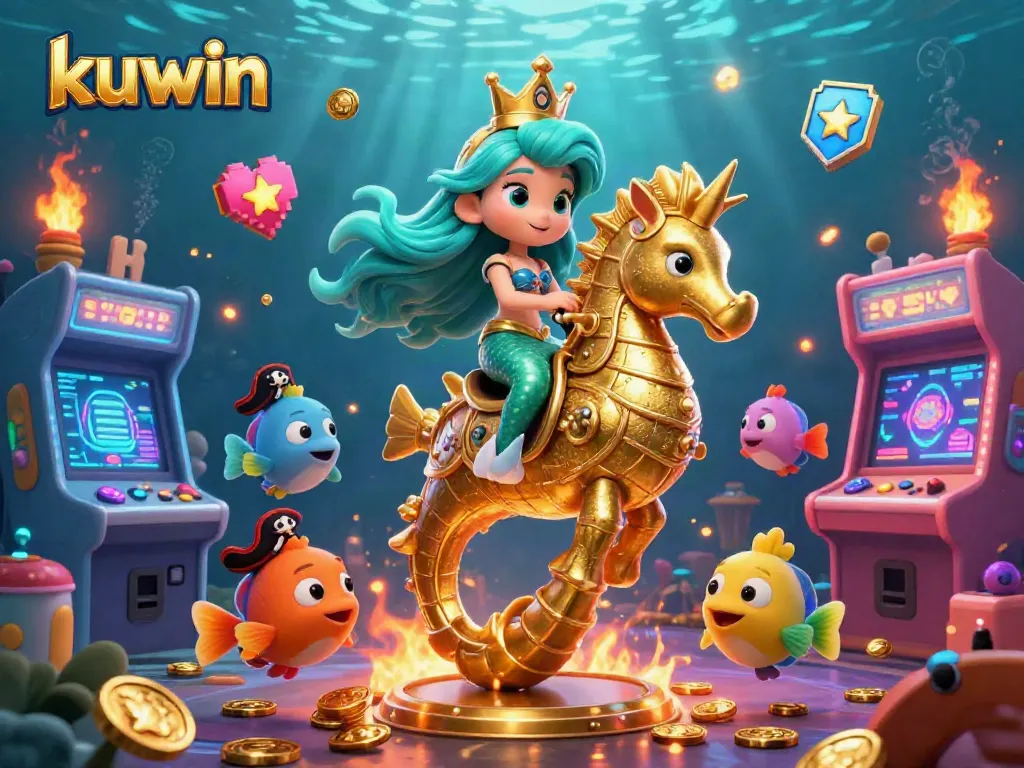 Kuwin's 3D casino scene featuring a mermaid princess, giant seahorse, and vibrant game elements.