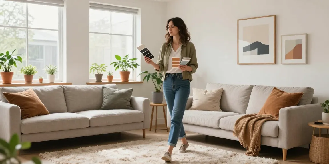 Innenausbau Augsburg: Modernes Wohnzimmer mit Innenarchitektin im hellen Raum, lebendige Pflanzen und stilvolle Möbel.