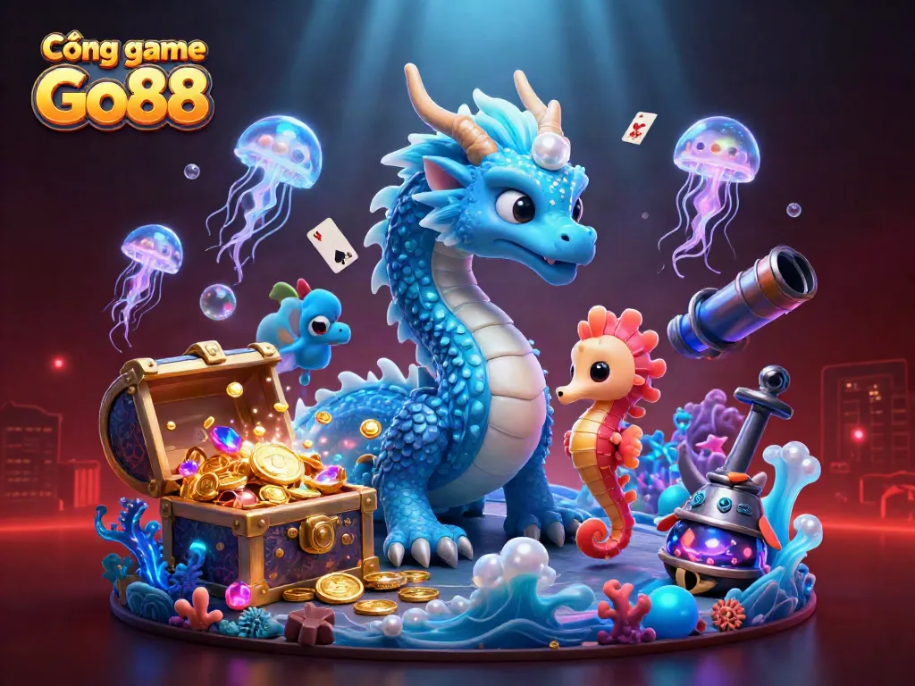 Experience the thrill with Cổng game Go88, featuring captivating dragon and seahorse in an underwater casino.